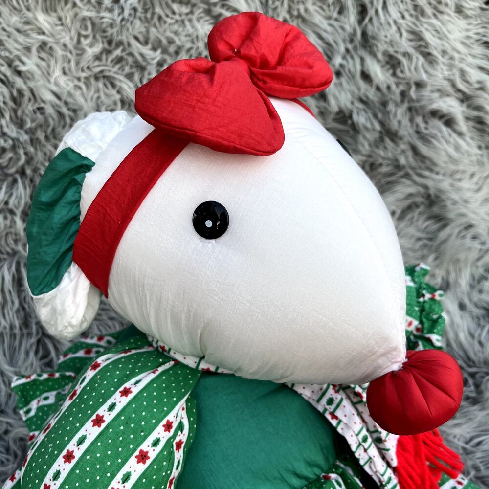 Vintage Nylon Holiday Decor Christmas Girl Miss Mouse Stuffed Animal Plush Puffy